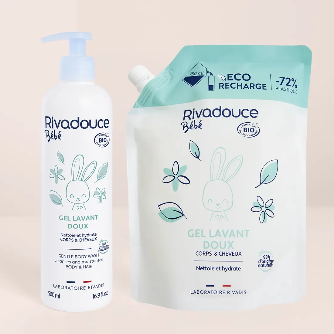 LOT FLACON 500ML + RECHARGE 750ML GEL LAVANT DOUX BEBE