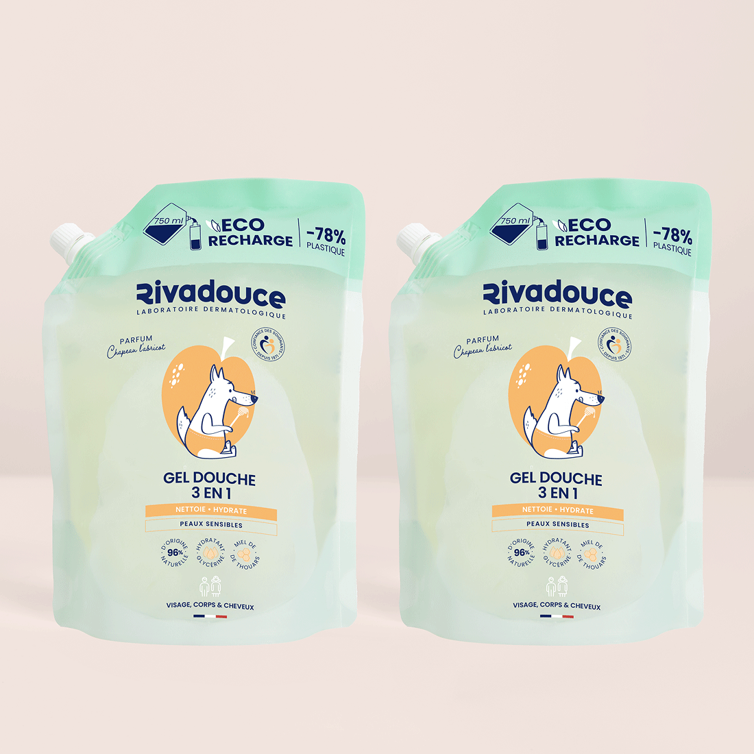LOT RECHARGE GEL DOUCHE LOUPIOTS CHAPEAU L'ABRICOT 2*750ML