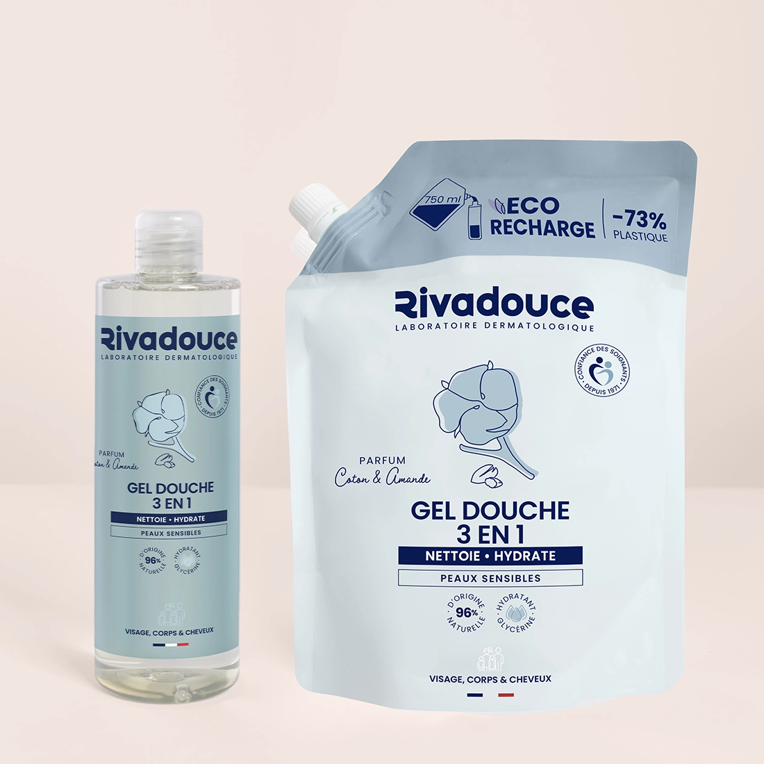LOT FLACON 400ML + RECHARGE 750ML GEL DOUCHE COTON & AMANDE