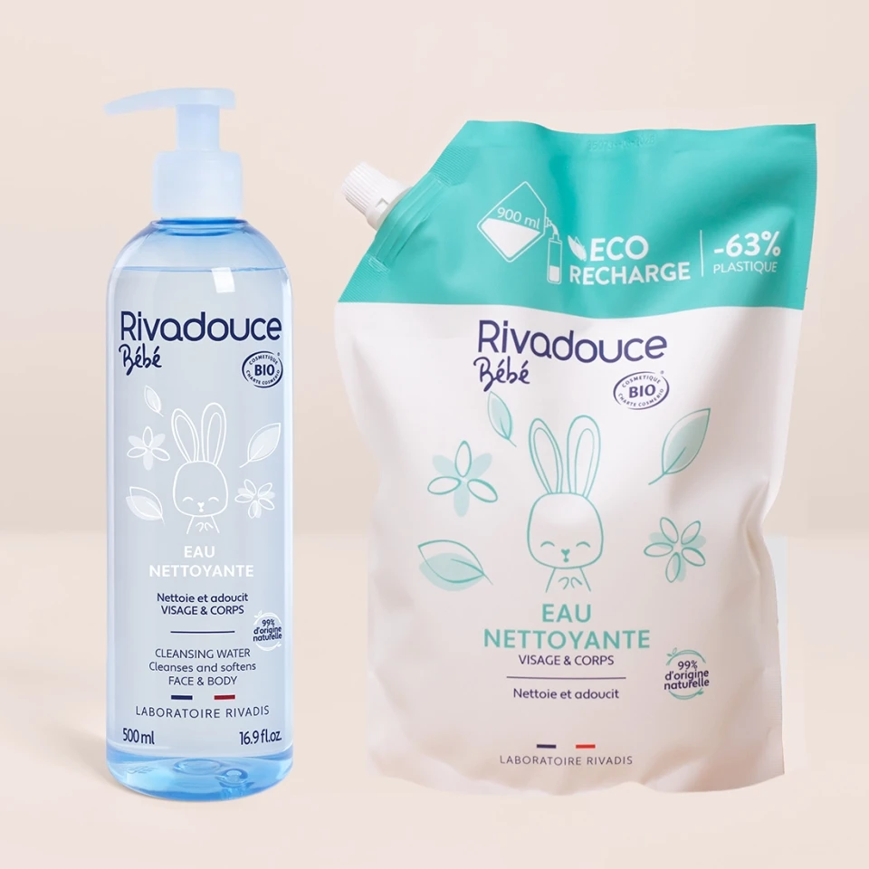 Lot flacon 500ml + recharge 900ml eau nettoyante bebe