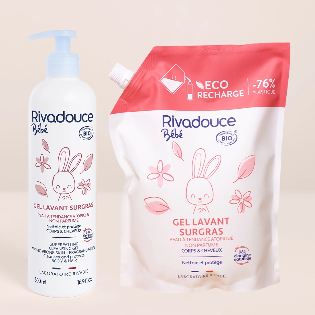 Lot flacon 500ml + recharge 1000ml gel lavant surgras bebe